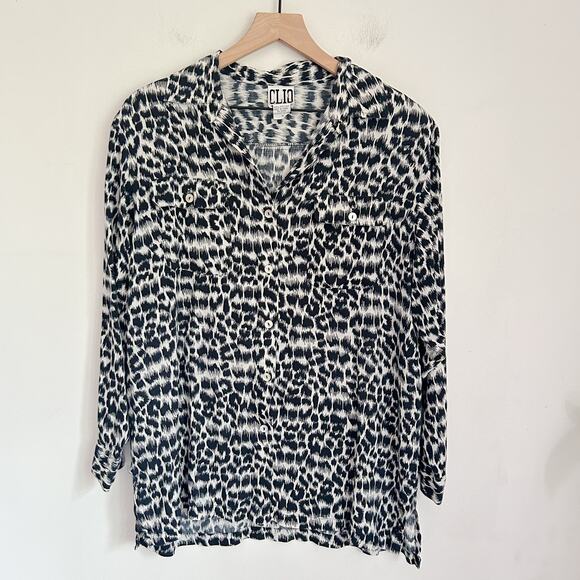 Clio Silk Animal Print Button Up Blouse Size M Black - Picture 1 of 5
